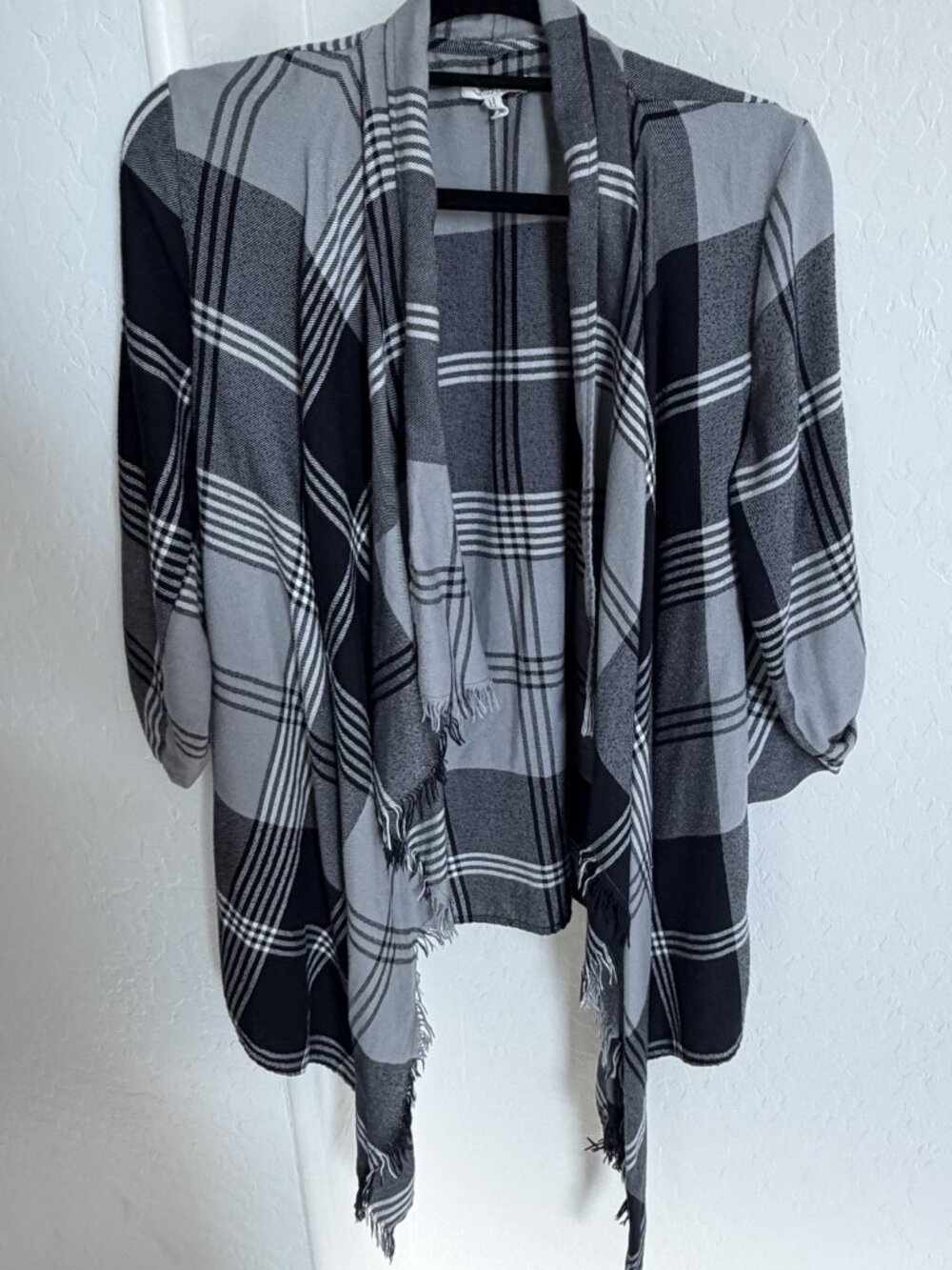 Maurices Black Gray Plaid Waterfall Open Front Fringe Cardigan M